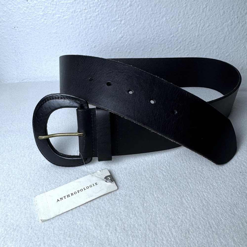 Anthropologie Black Wide Leather Belt Women's Medium Adjustable Buckle Boho